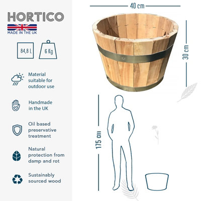 Set of 2 HORTICO European Birch Hardwood Round Tub Wooden Planter for Garden, Outdoor Plant Pot Made in the UK D40 H30 cm, 37.7L