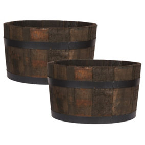 Set of 2 HORTICO Upcycled Oak Wood Half Barrel Wooden Planter for Garden, Outdoor Plant Pot Made in the UK D50 H30 cm, 58.9L