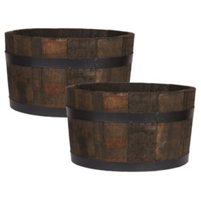 Set of 2 HORTICO™ Wooden Planter, 50cm Large Half Barrel Planter, Upcycled Oak Round Outdoor Plant Pot Made in the UK D50 H30 cm