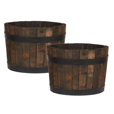 Set of 2 HORTICO™ Wooden Planter, (Dia) 40cm Half Barrel Planter, Upcycled Oak Round Outdoor Plant Pot Made in the UK D40 H30 cm