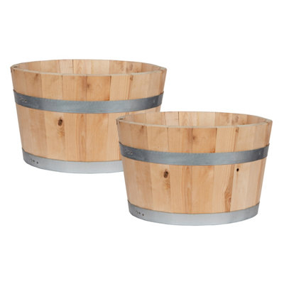 Set of 2 HORTICO™ Wooden Planter, (Dia) 50cm Large Half Barrel Planter Style, Round Outdoor Plant Pot Made in the UK D50 H30 cm