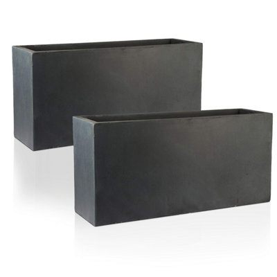 Set of 2 IDEALIST™ 100cm Long Trough Rectangular Garden Planters, Dark Grey Reinforced Stone Large Plant Pots H51 L100 W36 cm