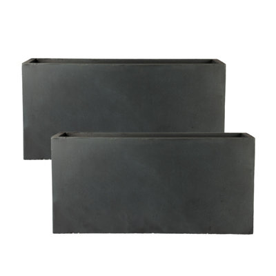 Set of 2 IDEALIST™ 100cm Long Trough Rectangular Garden Planters, Dark Grey Reinforced Stone Large Plant Pots H51 L100 W36 cm