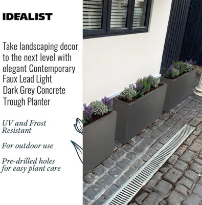 Set of 2 IDEALIST™ 100cm Long Trough Rectangular Garden Planters, Dark Grey Reinforced Stone Large Plant Pots H51 L100 W36 cm