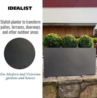Set of 2 IDEALIST™ 100cm Long Trough Rectangular Garden Planters, Dark Grey Reinforced Stone Large Plant Pots H51 L100 W36 cm