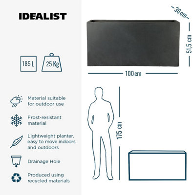 Set of 2 IDEALIST™ 100cm Long Trough Rectangular Garden Planters, Dark Grey Reinforced Stone Large Plant Pots H51 L100 W36 cm