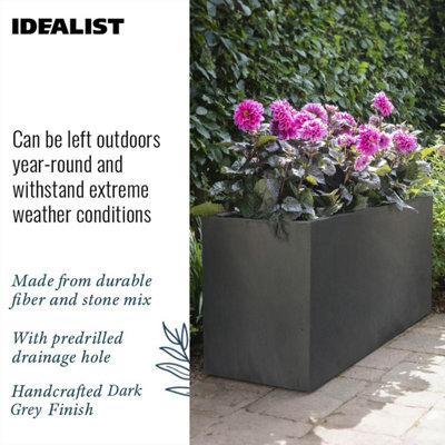 Set of 2 IDEALIST™ 100cm Long Trough Rectangular Garden Planters, Dark Grey Reinforced Stone Large Plant Pots H51 L100 W36 cm