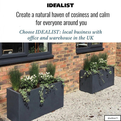 Set of 2 IDEALIST™ 100cm Long Trough Rectangular Garden Planters, Dark Grey Reinforced Stone Large Plant Pots H51 L100 W36 cm