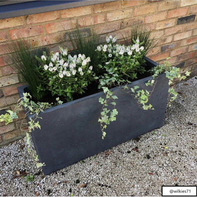 Set of 2 IDEALIST™ 100cm Long Trough Rectangular Garden Planters, Dark Grey Reinforced Stone Large Plant Pots H51 L100 W36 cm