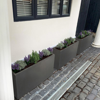 Set of 2 IDEALIST™ 100cm Long Trough Rectangular Garden Planters, Dark Grey Reinforced Stone Large Plant Pots H51 L100 W36 cm