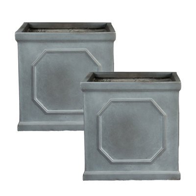 Set of 2 IDEALIST 22cm Small Square Planter, Chelsea Flower Box, Garden Planters, Vintage Slate Effect Outdoor Plant Pots, 11L