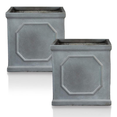 Set of 2 IDEALIST™ 30 cm Chelsea Flower Box, Leaden Grey Reinforced Stone Square Garden Planter, Outdoor Plant Pot