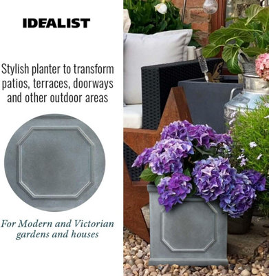 Set of 2 IDEALIST™ 30 cm Chelsea Flower Box, Leaden Grey Reinforced Stone Square Garden Planter, Outdoor Plant Pot