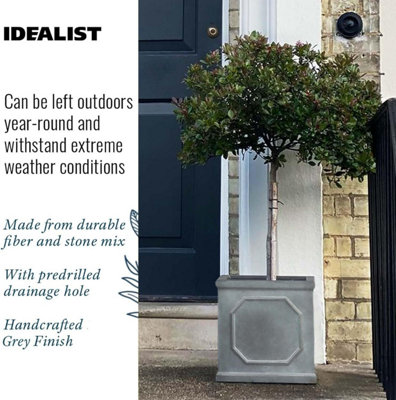Set of 2 IDEALIST™ 30 cm Chelsea Flower Box, Leaden Grey Reinforced Stone Square Garden Planter, Outdoor Plant Pot