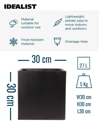 Set of 2 IDEALIST™ 30cm Planter, Black Reinforced Stone Square Flower Box, Square Garden Planters, Outdoor Plant Pots
