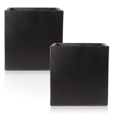 Set of 2 IDEALIST™ 30cm Square Planter, Garden Planters, Black Reinforced Stone Flower Box, Outdoor Plant Pots, 27L