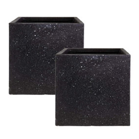 Set of 2 IDEALIST™ 30cm Square Planter, Garden Planters, Black Terrazzo Effect Flower Box, Outdoor Plant Pots, 27L