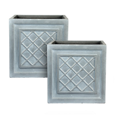 Set of 2 IDEALIST™ 30cm Square Planter, Grey Reinforced Stone Lazio Planter, Lattice Flower Box, Vintage Style Outdoor Plant Pot