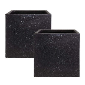 Set of 2 IDEALIST 40cm Square Planter, Black Terrazzo Effect Outdoor Square Boxes  L40 W40 H40 cm, 66L