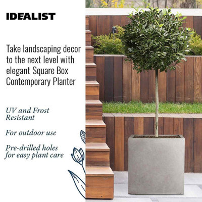Set of 2 IDEALIST™ 40cm Square Planter, Grey Reinforced Stone Flower Box Planters, Outdoor Plant Pots