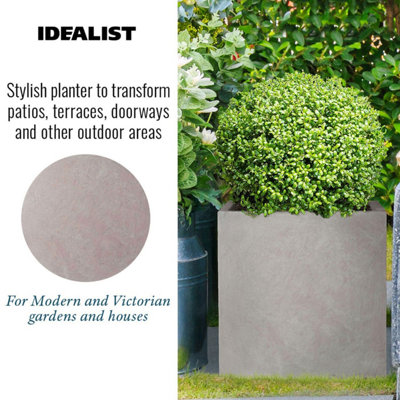 Set of 2 IDEALIST™ 40cm Square Planter, Grey Reinforced Stone Flower Box Planters, Outdoor Plant Pots