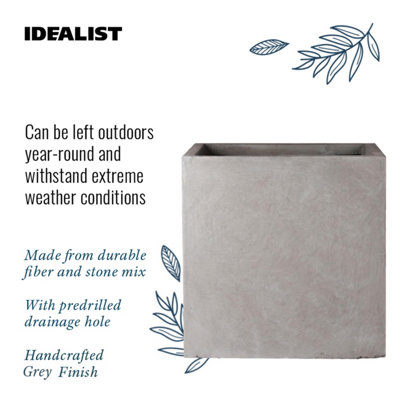 Set of 2 IDEALIST™ 40cm Square Planter, Grey Reinforced Stone Flower Box Planters, Outdoor Plant Pots