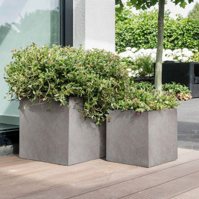 Set of 2 IDEALIST™ 40cm Square Planter, Grey Reinforced Stone Flower Box Planters, Outdoor Plant Pots