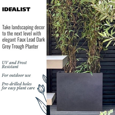 Set of 2 IDEALIST™ 50cm Garden Trough, Dark Grey Reinforced Stone Rectangular Planter, Outdoor Plant Pots L50 W20 H40 cm, 40L