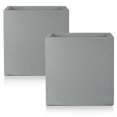 Set of 2 IDEALIST™ 50cm Large Square Planter for Trees, Grey Reinforced Stone Flower Box, Outdoor Large Plant Pots