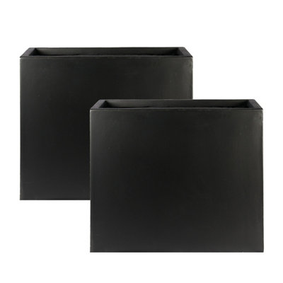 Set of 2 IDEALIST™ 50cm Trough Garden Planters, Black Reinforced Stone Rectangular Planters, Outdoor Plant Pots H40 L50 W20 cm