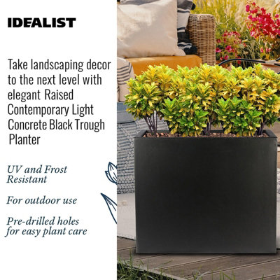 Set of 2 IDEALIST™ 50cm Trough Garden Planters, Black Reinforced Stone Rectangular Planters, Outdoor Plant Pots H40 L50 W20 cm