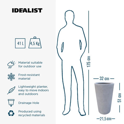 Set of 2 IDEALIST™ 51cm Tall Planter, Grey Reinforced Stone Round Garden Planters, Outdoor Plant Pots D32 H51 cm, 41L