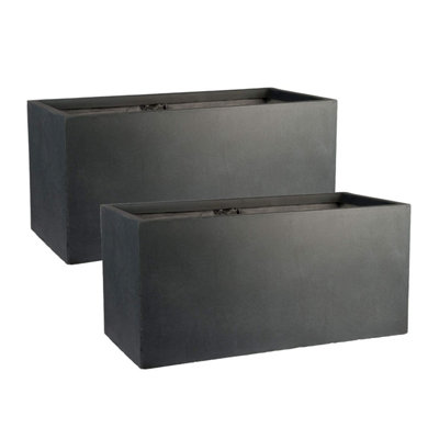 Set of 2 IDEALIST™ 60cm Garden Trough Dark Grey Reinforced Stone Rectangular Planters, Outdoor Large Plant Pots L60 W30 H30 cm