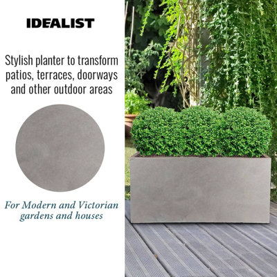 Set of 2 IDEALIST™ 60cm Garden Trough, Grey Reinforced Stone Rectangular Planters, Outdoor Large Plant Pots L60 W30 H30 cm, 54L