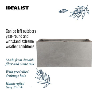 Set of 2 IDEALIST™ 60cm Garden Trough, Grey Reinforced Stone Rectangular Planters, Outdoor Large Plant Pots L60 W30 H30 cm, 54L