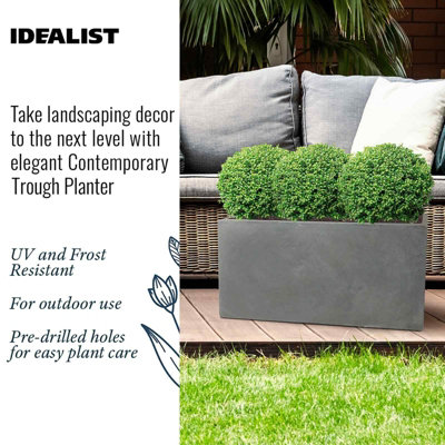 Set of 2 IDEALIST™ 65cm Long Trough, Grey Reinforced Stone  Rectangular Garden Planters, Outdoor Large Plant Pots L65 W19 H30cm
