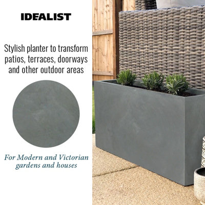 Set of 2 IDEALIST™ 65cm Long Trough, Grey Reinforced Stone  Rectangular Garden Planters, Outdoor Large Plant Pots L65 W19 H30cm