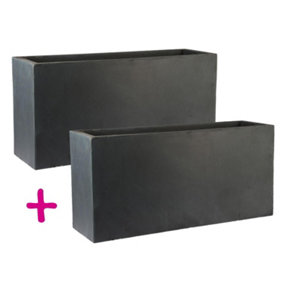 Set of 2 IDEALIST™ 65cm Long Trough, Rectangular Garden Planters, Dark Grey Reinforced Stone Large Plant Pots L65 W19 H30 cm, 37L