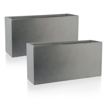 Set of 2 IDEALIST™ 65cm Long Trough Rectangular Garden Planters, Grey Reinforced Stone Outdoor Large Plant Pots L65 W19 H30 cm