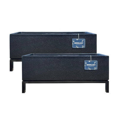 Set of 2 IDEALIST™ 65cm Trough, Black Slate Effect Indoor Rectangular Planter on Detachable Metal Stand H26 L65 W21 cm