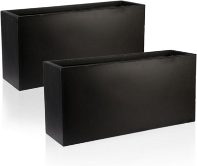 Set of 2 IDEALIST™ 65cm Trough Garden Planters, Black Reinforced Stone Rectangular Planters, Large Plant Pots L65 W19 H30 cm