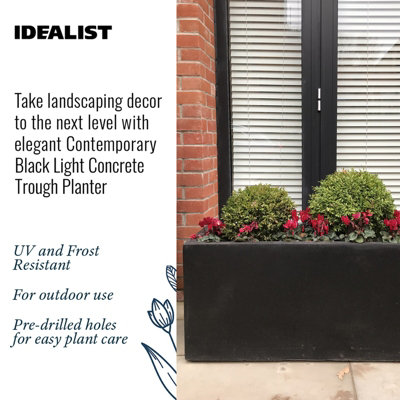 Set of 2 IDEALIST™ 65cm Trough Garden Planters, Black Reinforced Stone Rectangular Planters, Large Plant Pots L65 W19 H30 cm