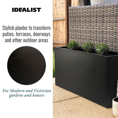 Set of 2 IDEALIST™ 65cm Trough Garden Planters, Black Reinforced Stone Rectangular Planters, Large Plant Pots L65 W19 H30 cm