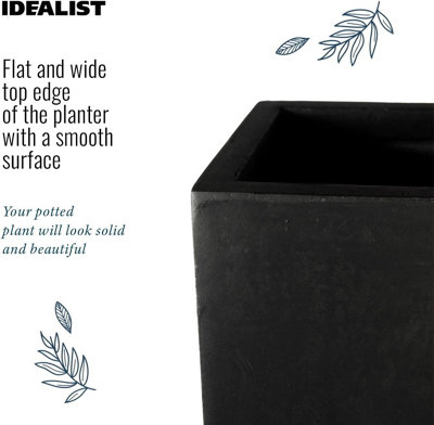 Set of 2 IDEALIST™ 65cm Trough Garden Planters, Black Reinforced Stone Rectangular Planters, Large Plant Pots L65 W19 H30 cm
