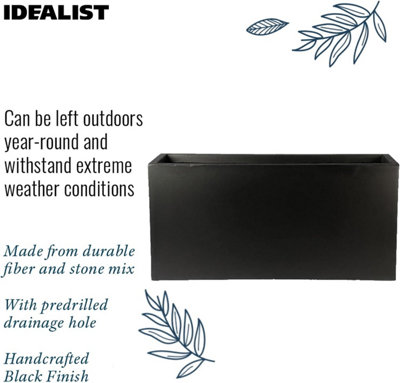 Set of 2 IDEALIST™ 65cm Trough Garden Planters, Black Reinforced Stone Rectangular Planters, Large Plant Pots L65 W19 H30 cm
