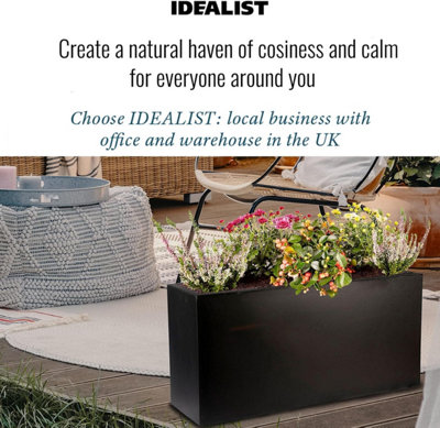 Set of 2 IDEALIST™ 65cm Trough Garden Planters, Black Reinforced Stone Rectangular Planters, Large Plant Pots L65 W19 H30 cm