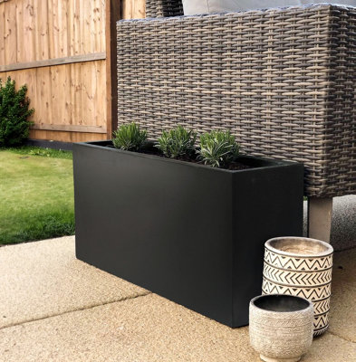 Set of 2 IDEALIST™ 65cm Trough Garden Planters, Black Reinforced Stone Rectangular Planters, Large Plant Pots L65 W19 H30 cm