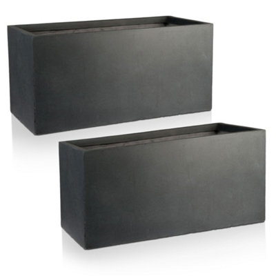 Set of 2 IDEALIST™ 80cm Garden Trough Dark Grey Reinforced Stone Rectangular Planter, Outdoor Large Plant Pots H37 L80 W37 cm
