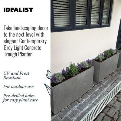 Set of 2 IDEALIST™ 85cm Long Trough Rectangular Garden Planters, Grey Reinforced Stone Outdoor Large Plant Pots L85 W26 H41 cm