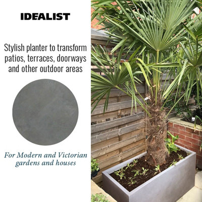 Set of 2 IDEALIST™ 85cm Long Trough Rectangular Garden Planters, Grey Reinforced Stone Outdoor Large Plant Pots L85 W26 H41 cm
